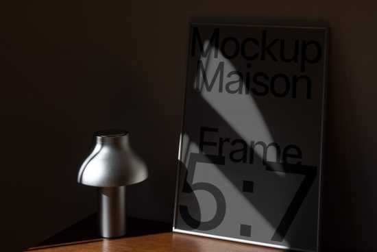 Elegant frame mockup with lamp shadow on wooden surface, ideal for presentations, 5x7 ratio, high-quality, realistic interior design asset.
