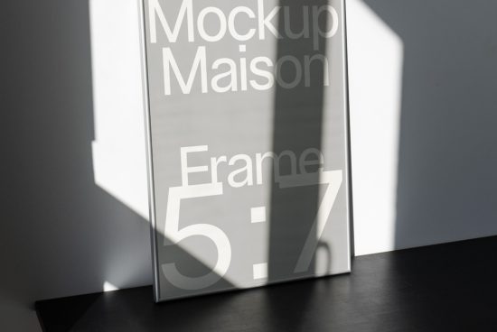 Poster frame mockup against a wall with shadows, realistic 5x7 ratio for graphic design presentation.