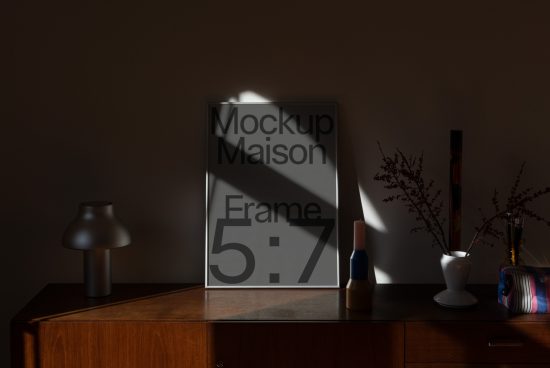 Elegant picture frame mockup on wooden cabinet with lamp and vase, ideal for realistic presentation, design asset for interior mockups 5:7 ratio.