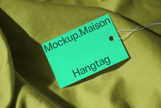 Green hangtag mockup on a textured fabric, ideal for presenting brand designs, with realistic shadows and high-quality detail.