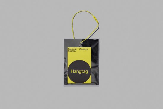 Minimalist hangtag mockup with yellow string on a gray background, ideal for branding, packaging, and design presentations.