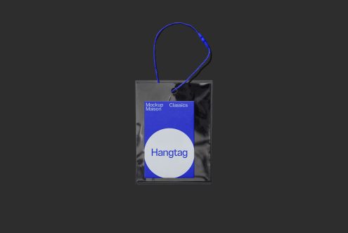 Elegant black hangtag mockup with a blue rope on dark background for branding, packaging, and label design presentations.