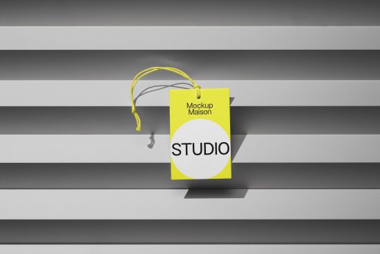 Yellow tag mockup with string on striped background, perfect for branding, identity projects, and graphic design presentations.