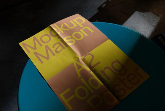 A2 folding poster mockup on teal chair, graphic design, realistic shadows, poster template, presentation, digital asset for designers.