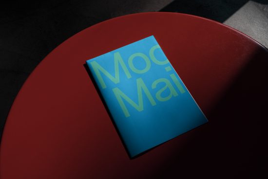 Elegant magazine mockup on red surface with shadow play, showcasing custom fonts and layout design, perfect for graphic designers.