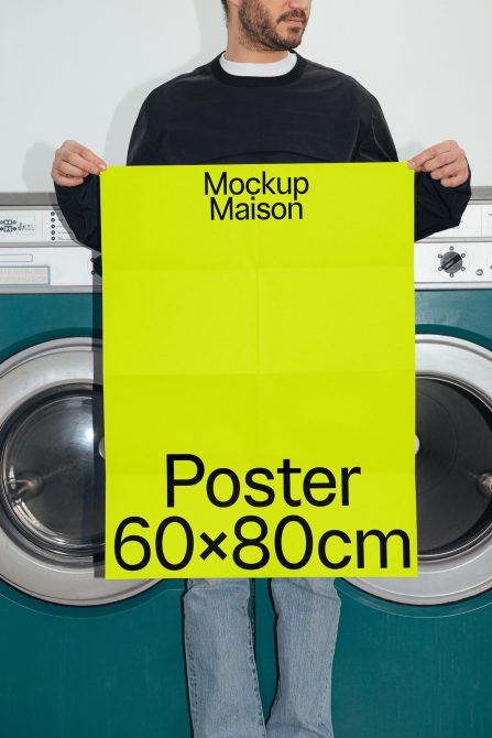 Man holding a vibrant yellow poster mockup in front of a washing machine, realistic presentation for designers, size 60x80 cm.