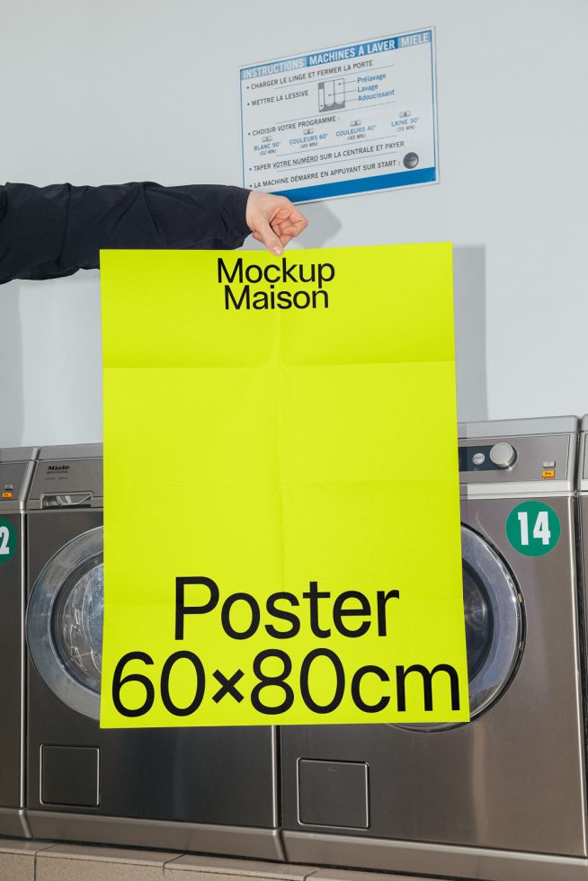 ALT: Mockup of a bright yellow poster held in front of washing machines, showcasing design display potential for a 60x80cm graphic.