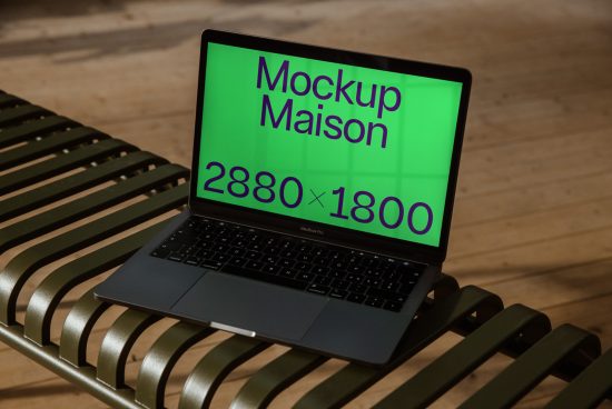 Laptop screen mockup on metal bench with design dimensions displayed for web templates and graphics optimization.