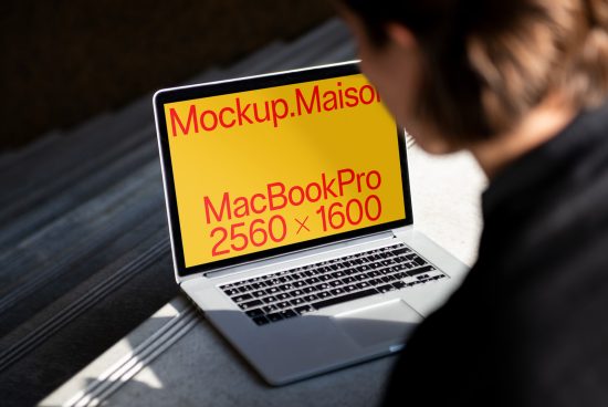Laptop screen mockup with editable display showing MacBook Pro resolution dimensions, ideal for showcasing designs and templates.
