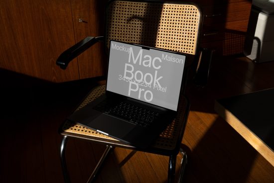 Laptop on chair mockup in natural lighting, displaying screen fonts and resolution details, ideal for digital asset designers.