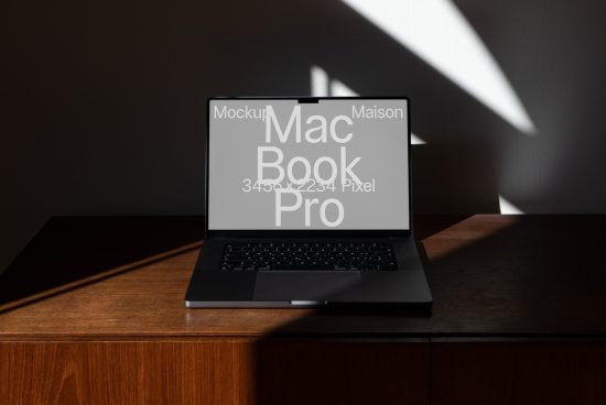 Laptop mockup on a wooden desk with dynamic lighting, ideal for showcasing website designs and applications, high resolution for digital assets.