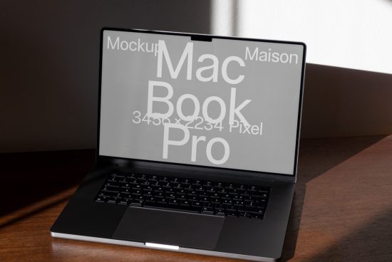 Laptop on desk mockup for digital asset designers displaying screen resolution ideal for showcasing web and app design templates.