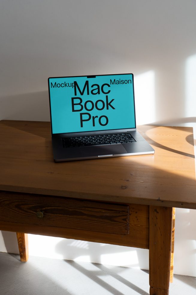 Laptop mockup on wooden table with sun shadows for digital design, realistic MacBook Pro mockup, editable screen for templates.