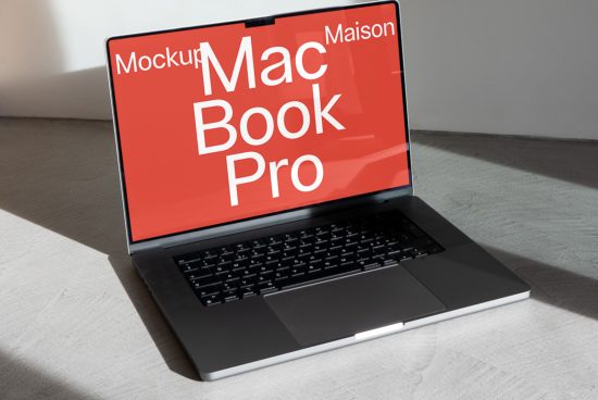 MacBook Pro laptop mockup on floor with shadow, editable screen for digital assets, perfect for designers' presentations and templates.