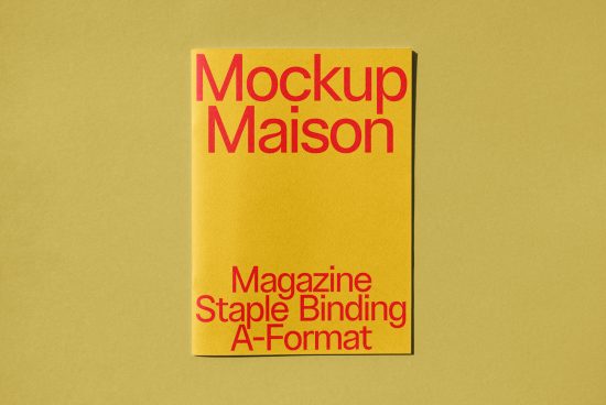 Magazine mockup cover with yellow background and red text for graphic design presentation, A-format staple binding visual, ideal for digital asset marketplace.