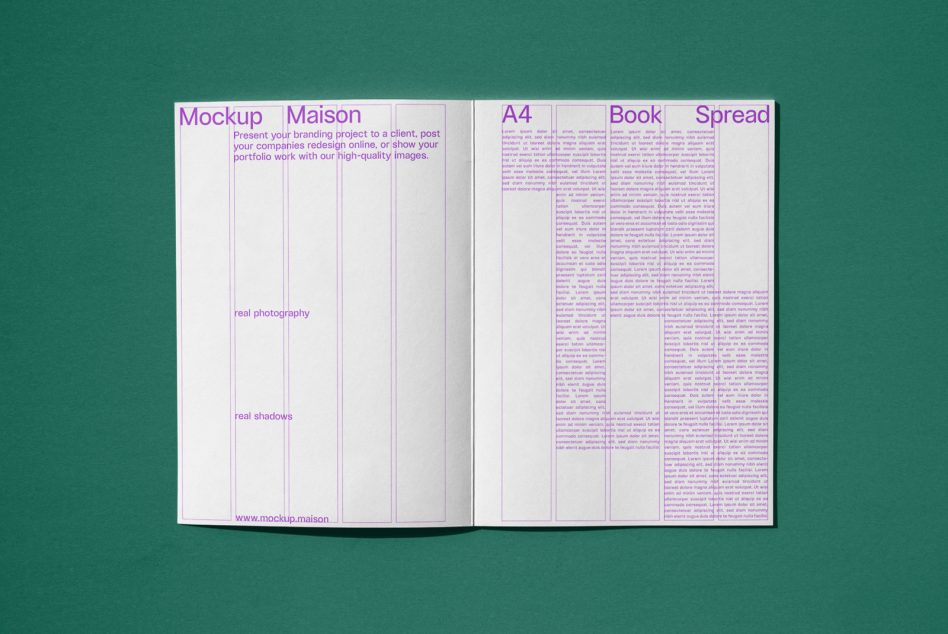 Open magazine spread white pages with purple text layout grid visible
