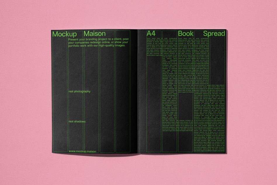 Open book spread dark background green text with neon borders on pages