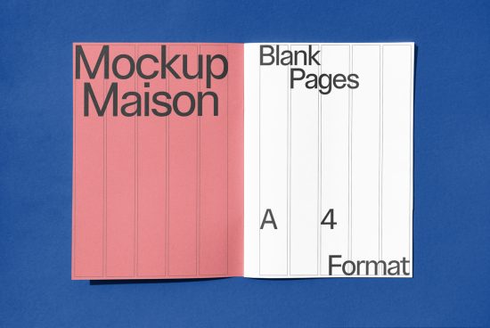 Book mockup template with pink and white covers on a blue background, showcasing customizable design for A4 format. Ideal for presentation graphics.