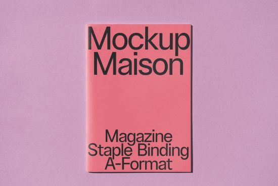 Magazine cover mockup on purple background with pink tones, titled Mockup Maison featuring staple binding layout design template.