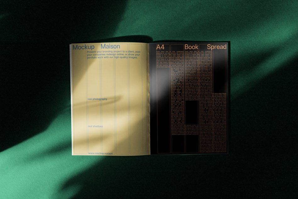 Open A4 book spread mockup on green velvet fabric with shadows