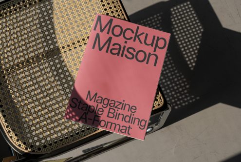 Magazine mockup on patterned chair with shadows, showcasing Staple Binding A-Format design, perfect for graphic and print designers.