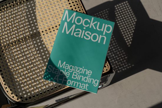 Magazine mockup with staple binding on a patterned chair in sunlight, showcasing shadows. Ideal for designers’ presentation templates.
