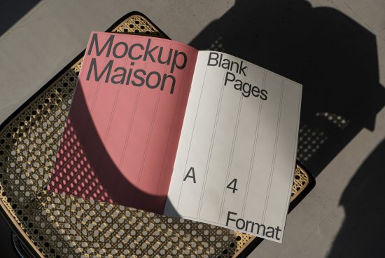High-quality magazine mockup with open pages on metal table casting shadows, ideal for presentations and design showcases.