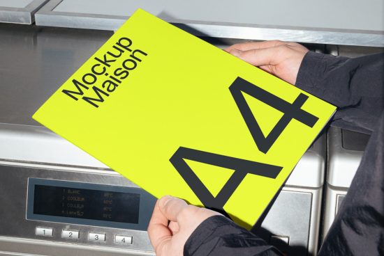 Person holding a bright yellow brochure mockup with bold graphics near a metallic surface, ideal for designers looking for customizable templates.