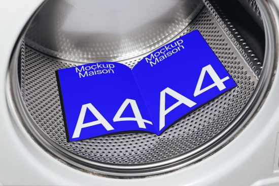 Blue A4 magazine mockup placed inside a washing machine, showcasing creative presentation ideas for product design.