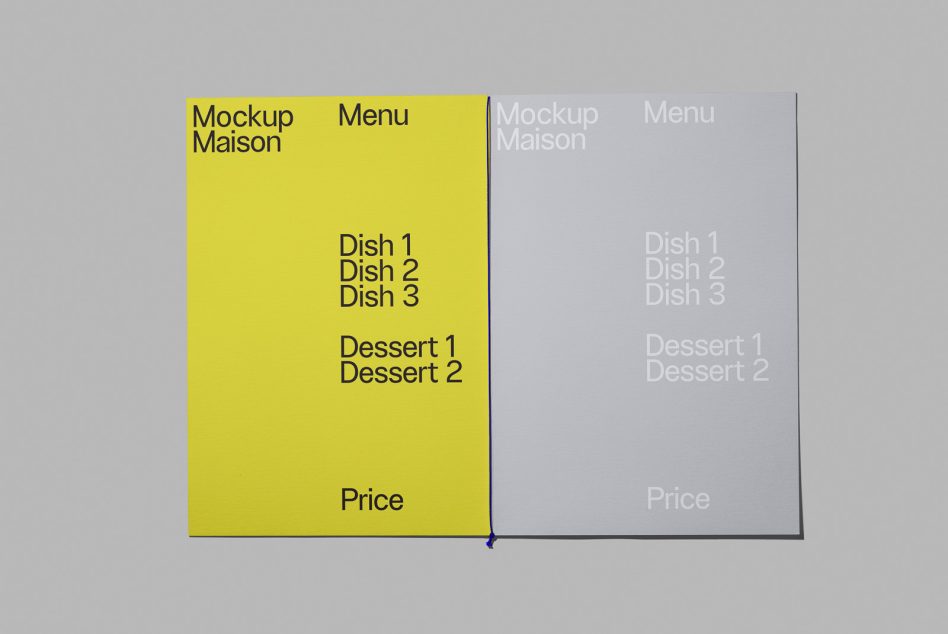 Open spread showing yellow left page with menu items, light gray right page layout
