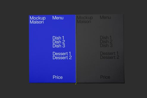 Blue and black restaurant menu mockup templates with text, suitable for designers creating branding presentations for clients.