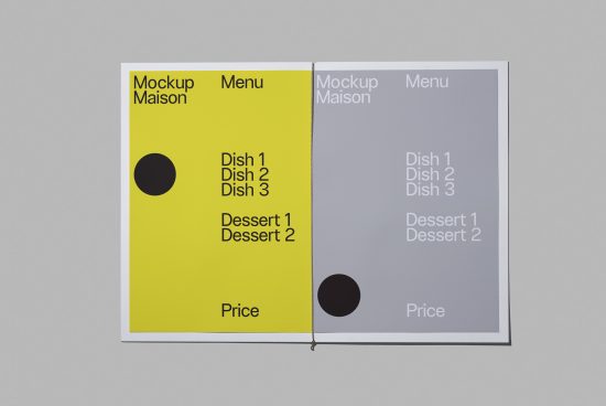 Menu mockup with yellow and grey halves showing sample text, ideal for graphic designers to display menu designs.