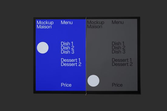 Elegant dual restaurant menu mockup display in blue and grey tones for presentation design assets, ideal for showcasing menu templates.