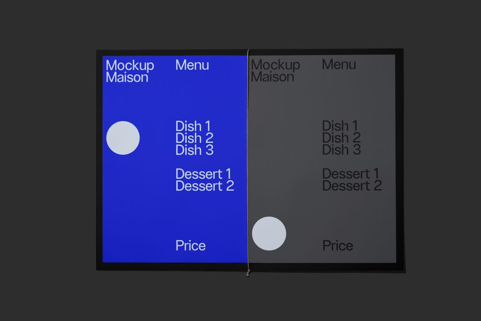 Open spread showing blue left page with menu items, gray right page, white circles