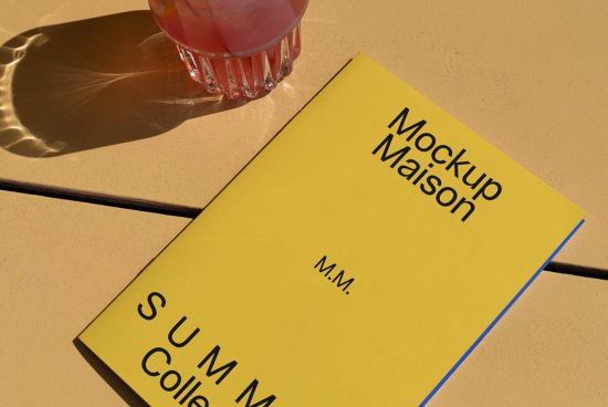 Yellow book mockup on a sunny table with glass shadow, realistic magazine cover template for designers and branding presentations.