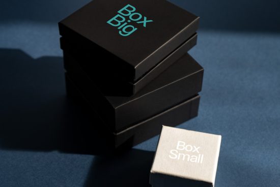 Stack of three black packaging boxes with 'Box Big' print alongside a small beige box with 'Box Small' print, on a blue background, for mockup design.