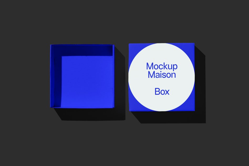 Blue square packaging box mockup with lid, presented open next to the base, displaying design space on dark background for graphic designers.