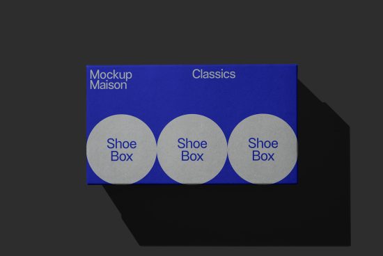 Blue shoe box mockup with elegant design on a dark background, perfect for presentation graphics and packaging templates.