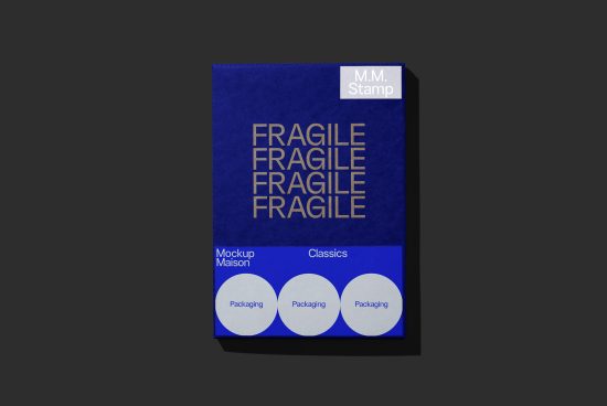 Blue book cover mockup with minimalist 'FRAGILE' text design, perfect for mockup graphics on digital asset marketplace for designers.