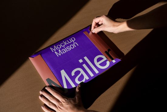 Hands opening a cardboard mailer box mockup with customizable design on a dark background, packaging design, presentation template.