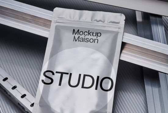 Professional packaging mockup display, modern design, silver pouch with 'STUDIO' branding, ideal for showcasing product designs.
