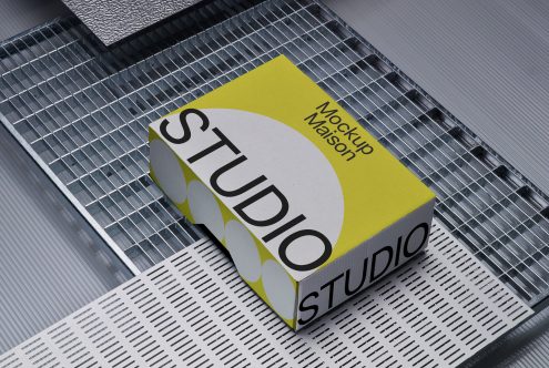 Professional studio packaging mockup on textured backdrop, ideal for showcasing design work and branding presentations to clients.