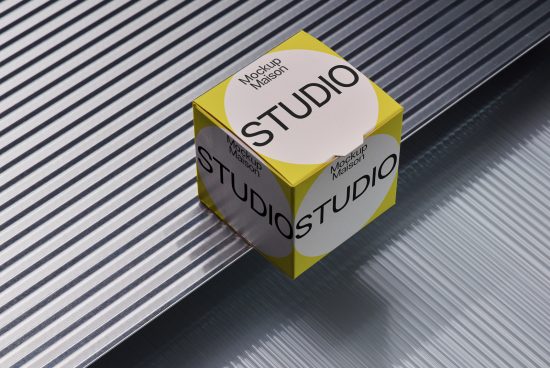 3D packaging mockup cube with reflective studio design on striped metal texture, ideal for product branding presentations.