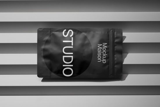 High-contrast pouch packaging mockup on a striped background with realistic shadows for product design presentation and branding.