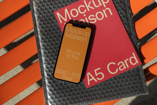 Modern iPhone mockup on A5 card with textured background for designers. Ideal for presentations, digital mockups, web design displays.