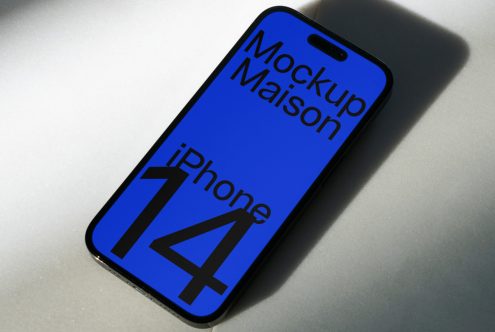 Smartphone screen mockup for iPhone 14 on a desk with shadow, showcasing UI/UX design presentation for digital designers.