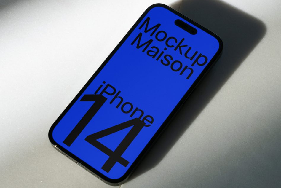 Deep blue iPhone 14 mockup with dark text displayed overhead