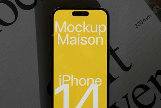 Modern iPhone 14 mockup with a yellow screen showcasing typography, ideal for design presentations and digital templates.