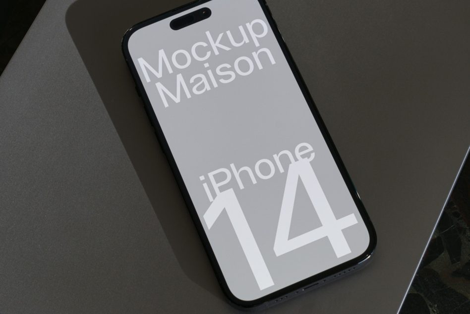 iPhone 14 mockup on dark surface, angled view, showcasing screen design for app presentations, realistic digital template.