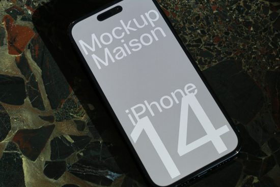 Smartphone mockup on terrazzo surface displaying screen design for iPhone 14, perfect for presenting app interfaces, design showcase.